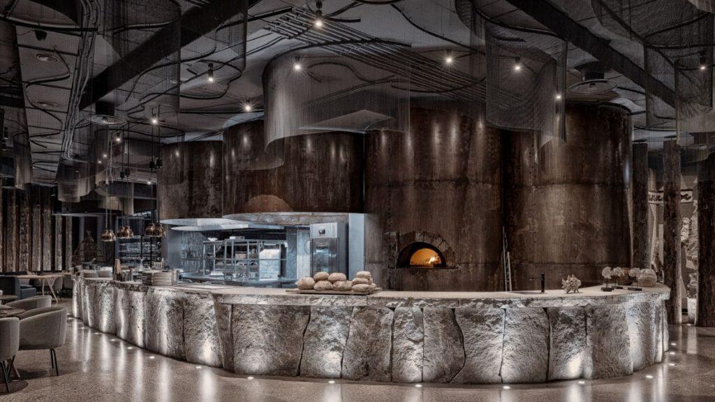 Kitchen with Russian wood stove and charcoal grill.