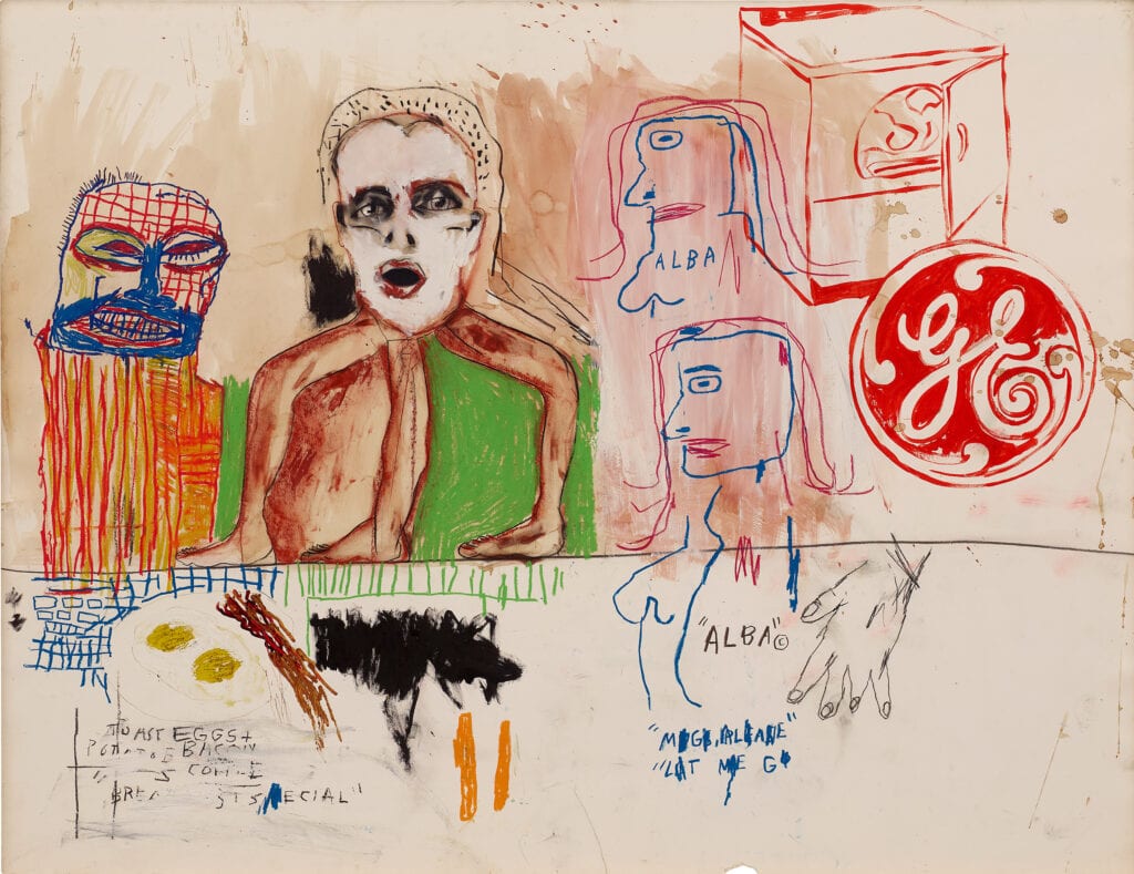 Exhibition THE 80s.
Jean-Michel Basquiat, Francesco Clemente & Andy Warhol
Alba's Breakfast, 1984
Mixed media on paper, mounted on canvas
Bischofberger Collection, Männedorf-Zurich, Switzerland © The Estate of Jean-Michel Basquiat / Bildrecht, Wien 2021 © The Andy Warhol Foundation for the Visual Arts, Inc. / Licensed by Bildrecht, Vienna 2021 © Francesco Clemente